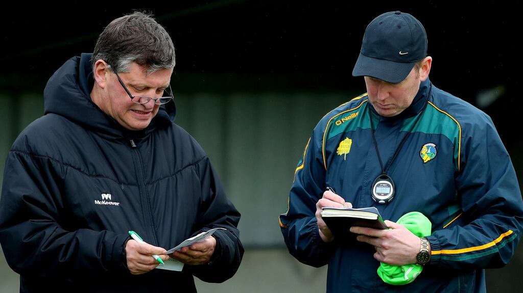 Leitrim selector John O’Mahony with manager Brendan Guckian. “Losing is not inevitable. They’re entitled to win the odd time as well.” Photograph: James Crombie/Inpho