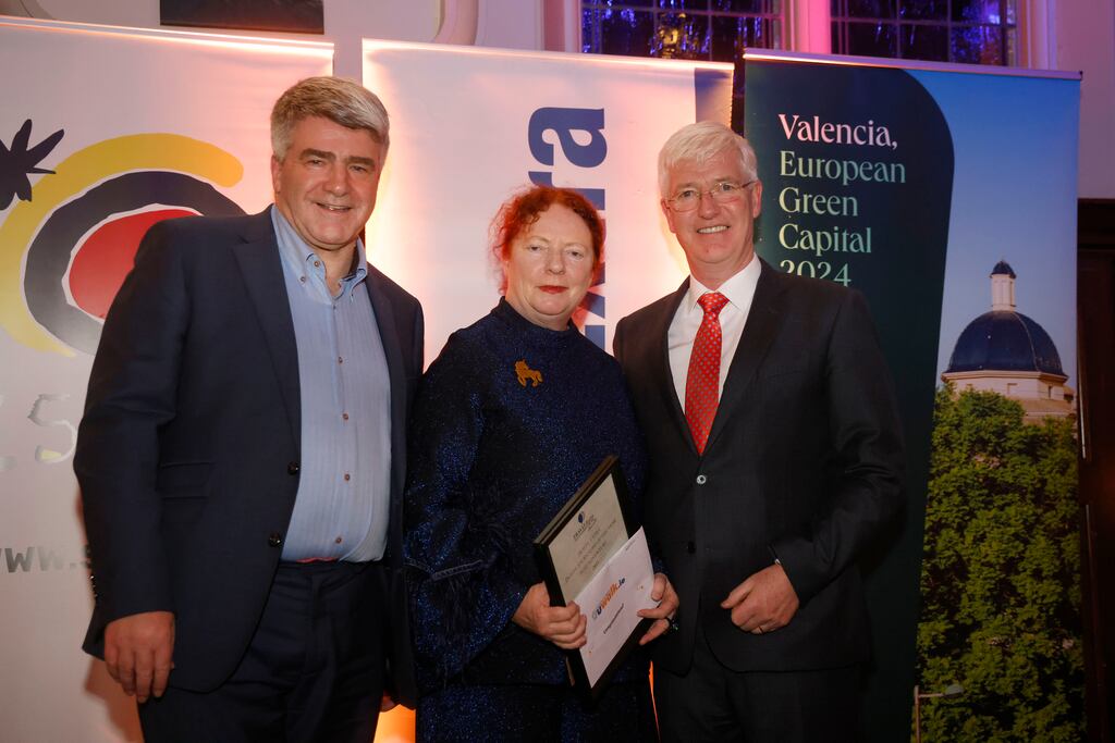 Irish Times journalist Rosita Boland, winner of the adventure category, with Eoghan Corry of Travel Extra and Martin Skelly of UWalk at the Travel Extra Travel Journalist of the Year Awards 2023. Photograph: Arthur Carron