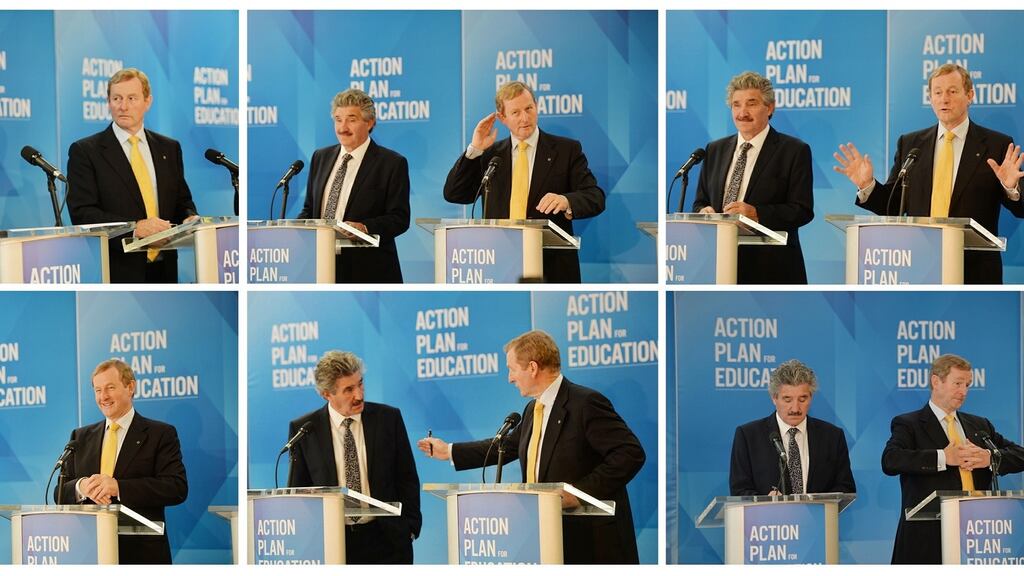Minister of State for Training, Skills and Innovation John Halligan and Taoiseach, Enda Kenny while speaking at the launch of the action plan for education. Photograph: Alan Betson