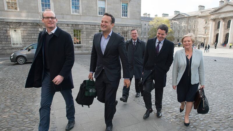 The Fine Gael negotiating team of Simon Coveney, Leo Varadkar, Paschal Donohue and Frances Fitzgerald leaving Trinity College Dublin after talks with Fianna Fáil on forming a government concluded. Photograph: Dave Meehan/The Irish Times