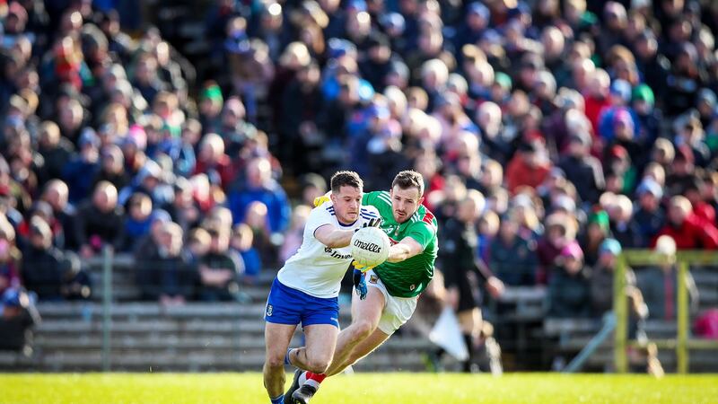 Ryan Wylie in action for Monaghan against Mayo’s Darren Coen during an Allianz Football League Division 1 match in Clones. Photograph: Tommy Dickson/Inpho