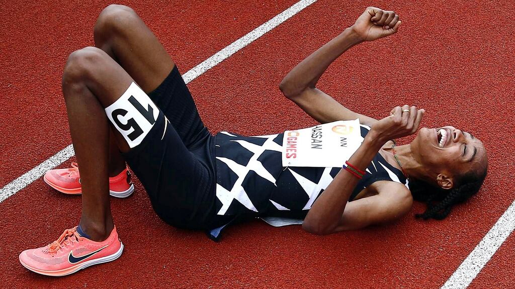 Sifan Hassan of the Netherlands reacts after winning the women’s 10,000m in a new world record time of 29:06.82 min during the FBK Games in Hengelo, Netherlands. Photograph: Vincent Jannick/EPA