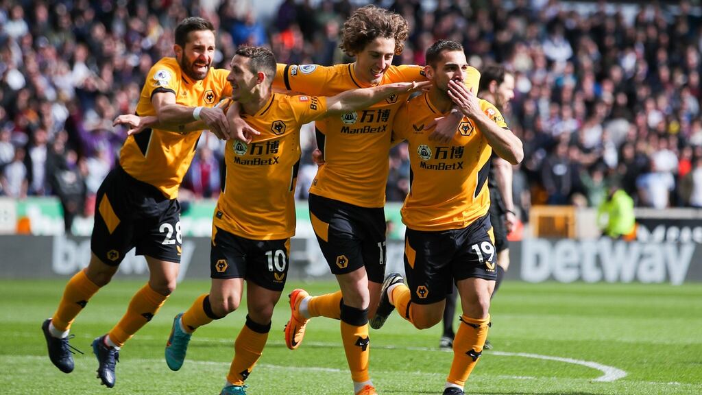 Wolverhampton Wanderers’ Jonny (right) celebrates scoring the opening goal during the Premier League match against Aston Villa at Molineux. Photograph: Isaac Parkin/PA Wire