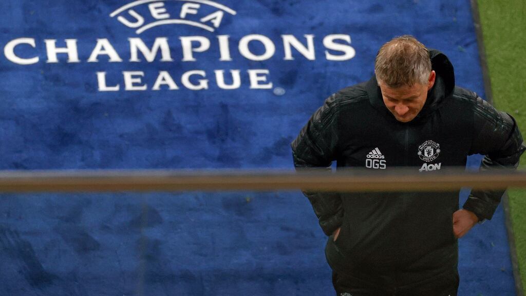 Manchester United manager Ole Gunnar Solskjær leaves the Red Bull Arena after the defeat to RB Leipzig in the Champions League. Photograph: Odd Andersen/AFP via Getty Images