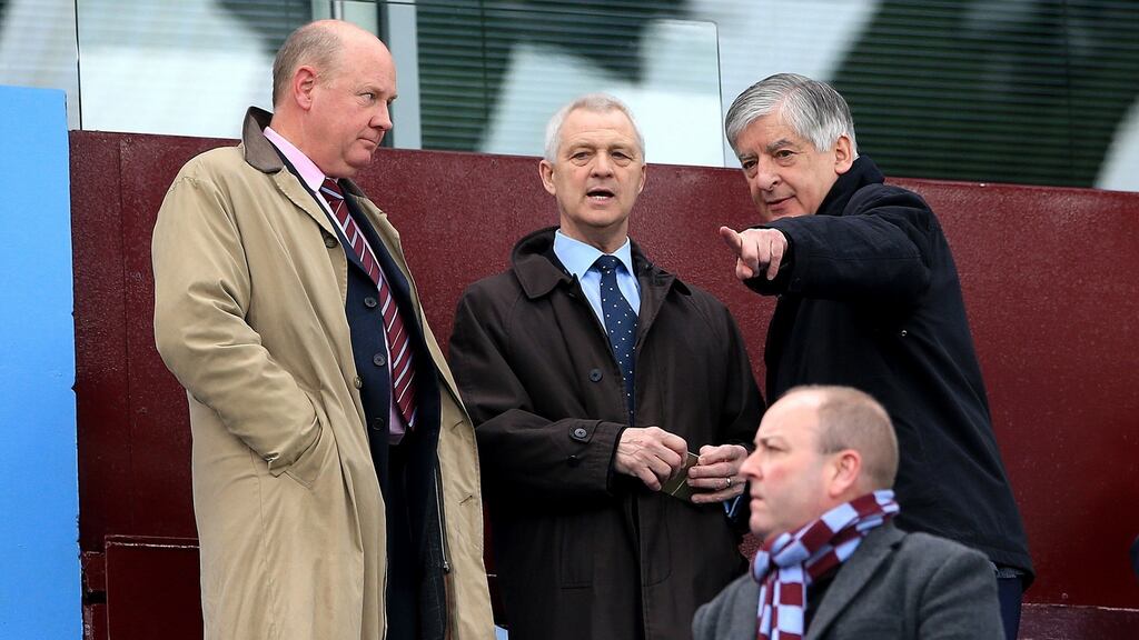 File photo of Aston Villa board members David Bernstein (right) and Brian Little (centre) with Aston Villa chairman Steve Hollis (left). Directors Bernstein and King have quit Aston Villa with immediate effect, the club have announced. Photo: Nick Potts/PA Wire.