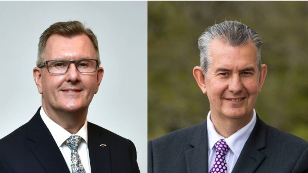 The North’s Minister for Agriculture, Edwin Poots (right), and his constituency colleague,  Lagan Valley MP Sir Jeffrey Donaldson. Photographs: Charles McQuillan/Getty Images and Liam McBurney/PA Wire
