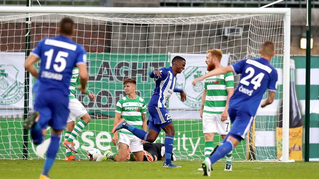 Mlada Boleslav’s Golgol Mebrahtu celebrates scoring their second goal of the game against Shamrock Rovers in their Europa League second qualifying round first leg. Photo: Ryan Byrne/Inpho
