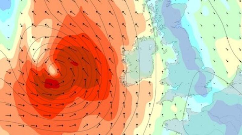 A graphic from weather mapping service Magic Seaweed showing the current expected location of high winds associated with Hurricane Lorenzo  along the west coast of Ireland on Thursday morning.