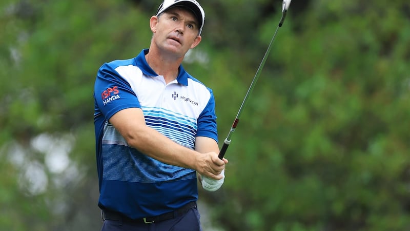 Pádraig Harrington plays his shot from the fourth tee during the first round of the Masters at Augusta National Golf Club. Photograph: David Cannon/Getty Images