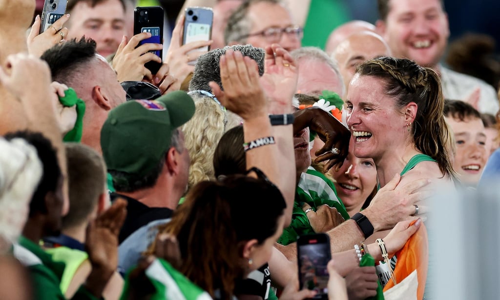 Ireland’s Ciara Mageean celebrates winning the women’s 1,500m final at the 2024 European Athletics Championships in Stadio Olympico, Rome. Photograph: Morgan Treacy/Inpho