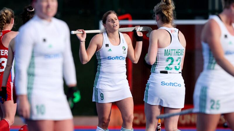 Ireland captain Katie Mullan dejected at the final whistle of the game against Great Britain in Belfast. Photograph: Bryan Keane/Inpho