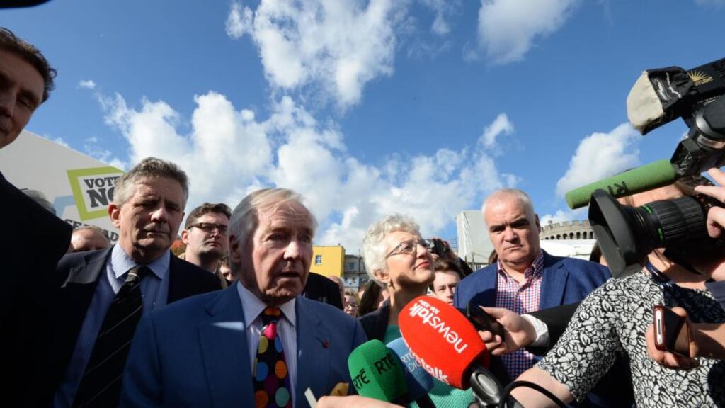 Senators Sean Barrett, Feargal Quinn, Katherine Zappone and Irish Times columnist Noel Whelahan, at Dublin’s central count location, Dublin Castle. Photographer: Dara Mac Dónaill