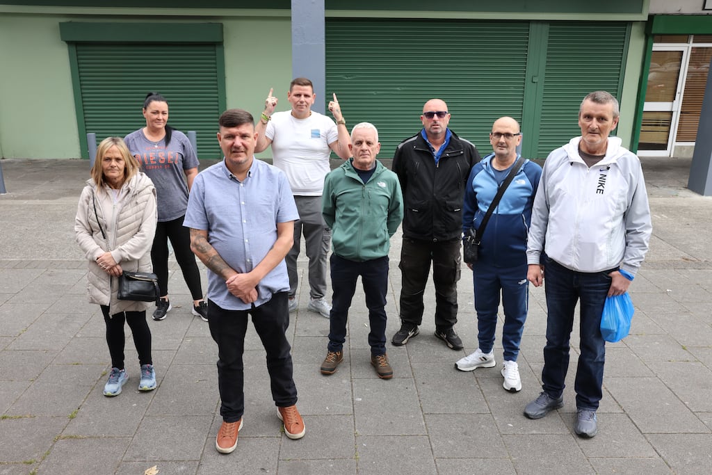 Mark Ward TD, front left, with some service users and local people Christina Brennan, Helena Ward, David Finn, Jimmy Hannigan, Anto Collins, Mark Brennan and Joey Leavy outside the Neart le Chéile. Photograph: Dara Mac Dónaill