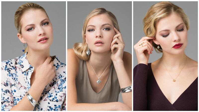 Earrings €100, bangle €300;  earrings €140, necklace €160, bangle €300; earrings €190, necklace €350, ring €1,850, all from Stonechat Jewellers