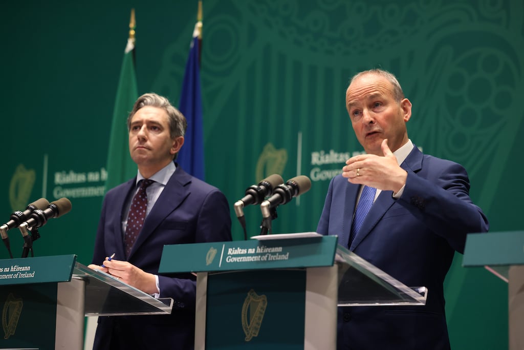 Taoiseach Micheál Martin and Tánaiste Simon Harris announce details of the revised National Development Plan and the summer economic statement.
Photograph: Dara Mac Dónaill/The Irish Times