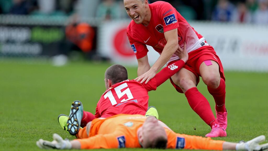 Cork City’s Danny Morrissey and Karl Sheppard after Morrissey scored the opening goal of their FAI Cup semi-final clash with Bray Wanderers at the Carlisle Grounds. Photo: Donall Farmer/INPHO