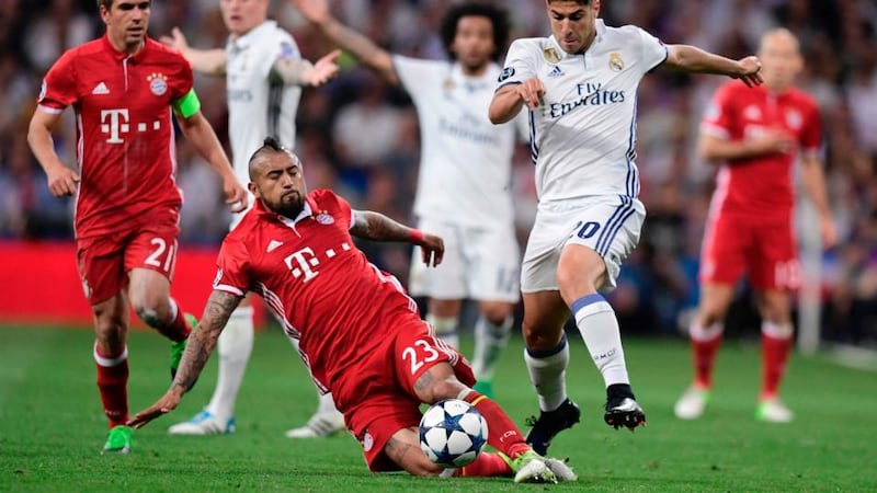 Vidal’s tackle on Marco Asensio for which he was shown a red card. Photo: Javier Soriano/Getty Images