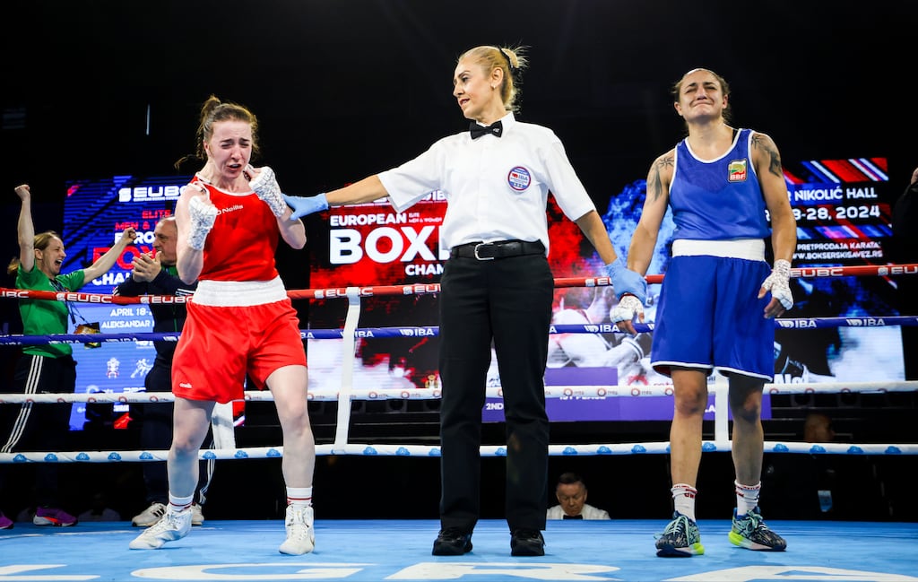Ireland’s Shannon Sweeney celebrates after winning the Women’s Flyweight 50kg at the European Boxing Championships. Photograph: Aleksandar Djorovic/Inpho