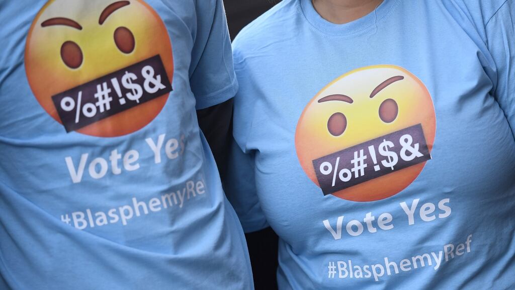 Canvassers promoting a Yes vote for the upcoming referendum on blasphemy, in Dublin. Photograph: Clodagh Kilcoyne/Reuters