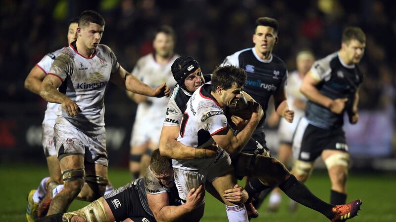 Louis Ludik is tackled during Ulster’s narrow win in Wales. Photograph: Alex Davidson/Inpho