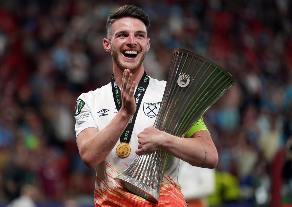 Declan Rice celebrates after winning the Uefa Europa Conference League with West Ham. Photograph: Joe Giddens/PA Wire