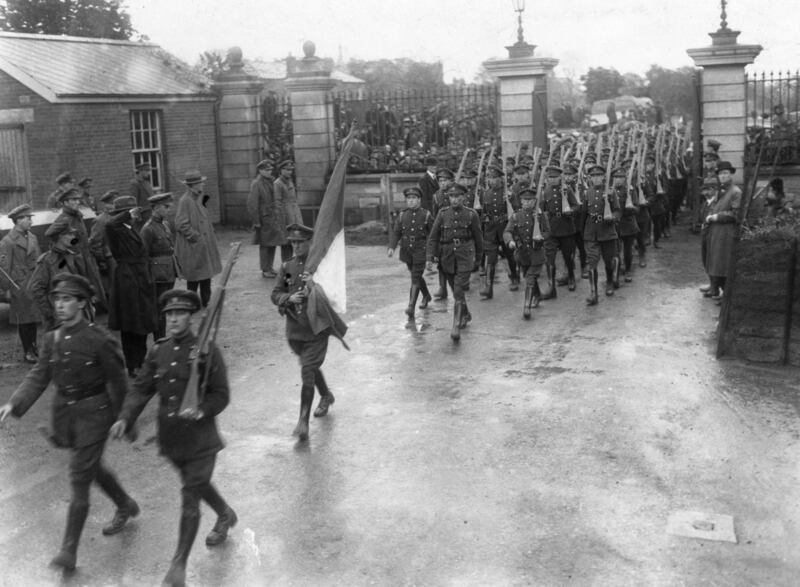 May 1922: General Eoin O'Duffy salutes soldiers of the Free State Army as they march into the Portobello Barracks in Dublin. Photograph: Topical Press Agency/Getty Images
