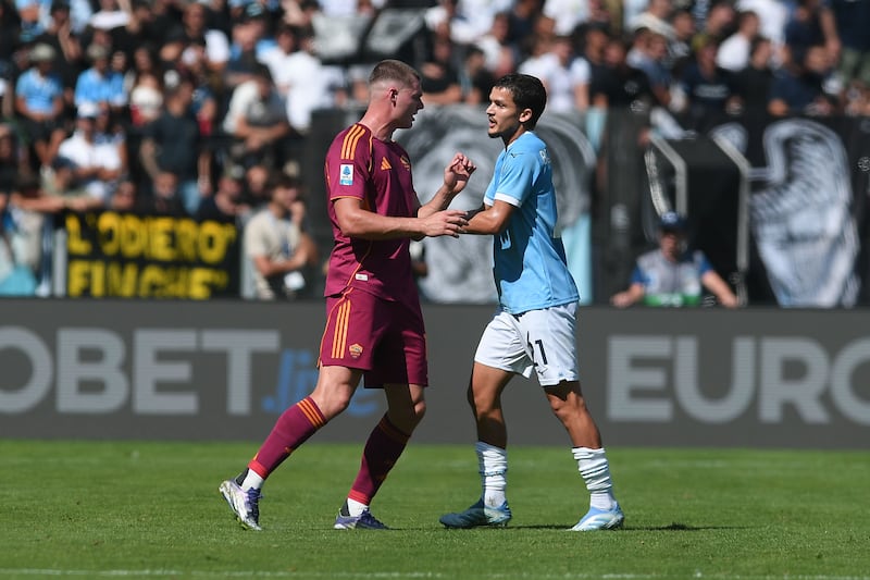 Evan Ferguson of Roma argues with Reda Belahyane of Lazio the Rome derby at Stadio Olimpico on September 21st. Photograph: Silvia Lore/Getty Images