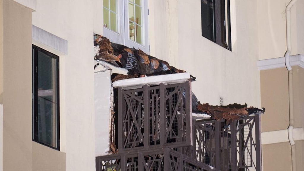 A fourth floor balcony rests on the balcony below after collapsing at the Library Gardens apartment complex in Berkeley, California killing six Irish students. Photograph: AP Photo/Noah Berger