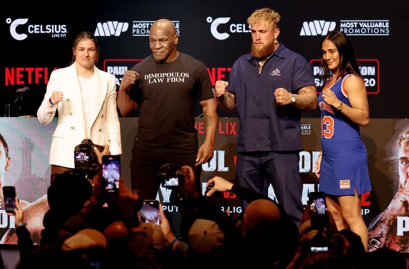 Katie Taylor, Mike Tyson, Jake Paul and Amanda Serrano pose during a pre-fight press conference in New York in May before the fights were scheduled to November. Photograph: Peter Foley/Shutterstock