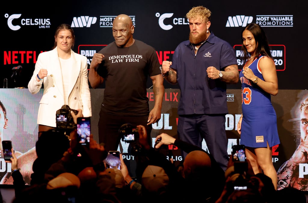 Katie Taylor, former heavyweight boxing champion Mike Tyson, YouTuber and professional boxer Jake Paul, Puerto Rican professional boxer and WBA and IBF title holder Amanda Serrano. Photograph: Peter Foley/EPA