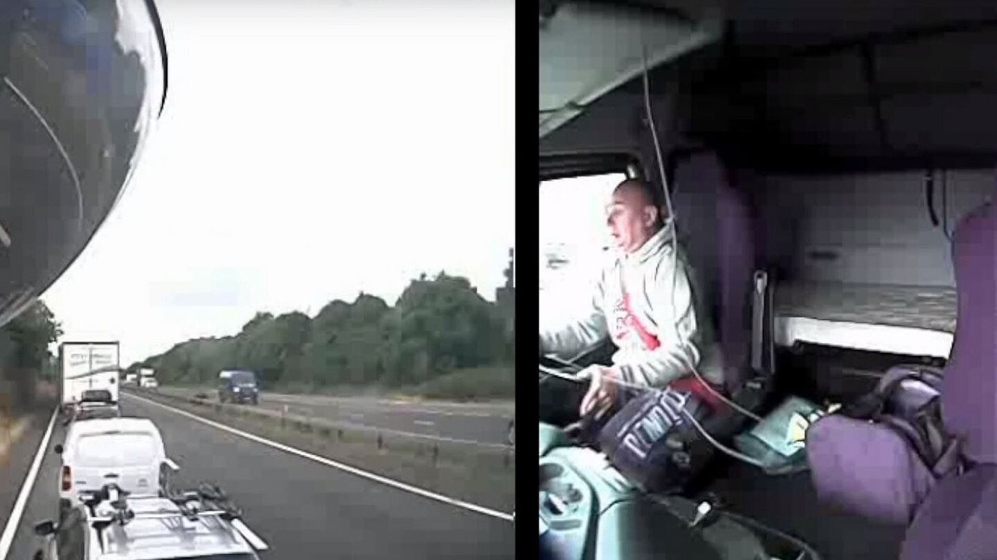 A still image showing Tomasz Kroker while driving his lorry just before he killed a woman and three children. Photograph: PA