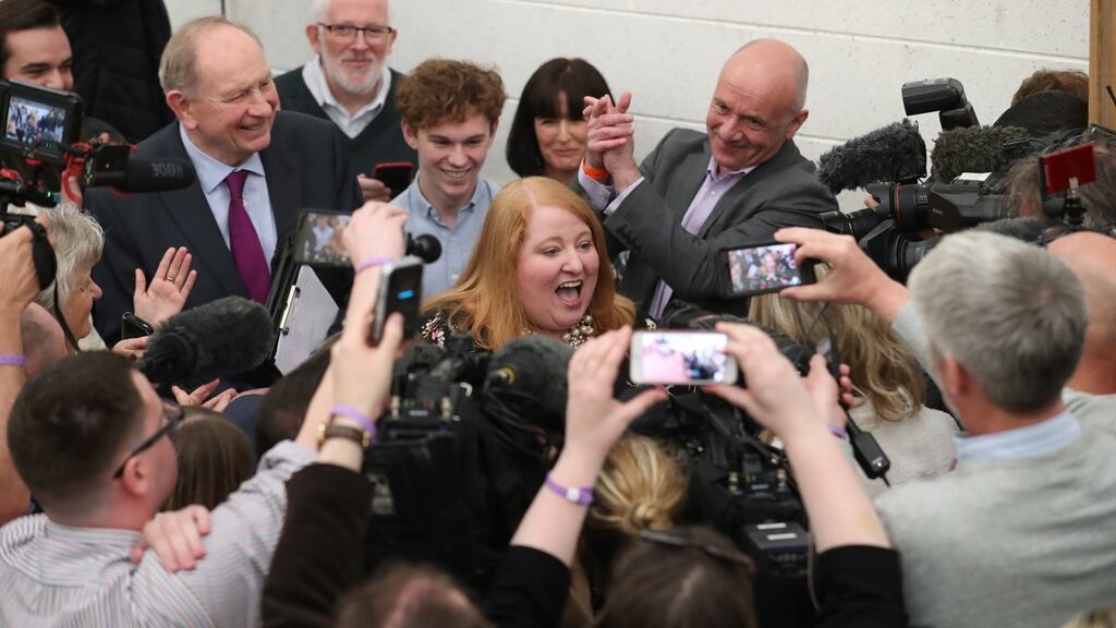 Alliance party leader and candidate Naomi Long (centre), at the European Parliamentary elections count at the Meadowbank Sports Arena in Magherafelt, Northern Ireland. Photograph: Liam McBurney/PA Wire