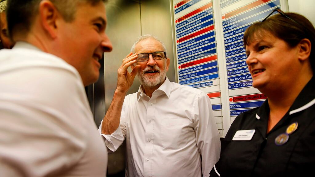 Labour leader Jeremy Corbyn at Crawley Hospital: “The US has called for ‘full market access’ to our NHS, which would mean prices of some of our most important medicines increasing by up to sevenfold.” Photograph: Tolga Akmen/AFP