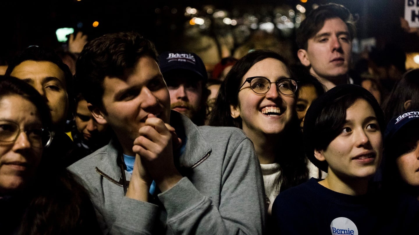 Sanders supporters listen to him speak during Wednesday’s campaign rally at Washington Square Park in New York. Photograph: Christian Hansen/The New York Times