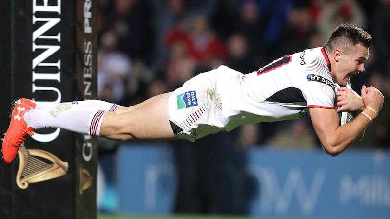 Ulster’s impressive Jacob Stockdale scores a try against Connacht in Belfast. Photograph: Dan Sheridan/Inpho