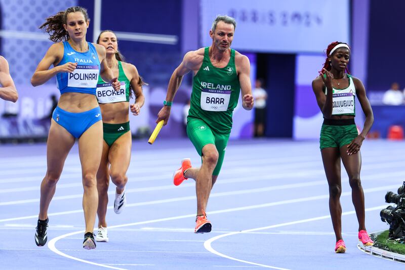 Thomas Barr in the 2024 Olympics 4x400m mixed relay heats in the Stade de France. Photograph: Morgan Treacy/Inpho