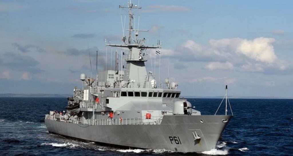 The LE Samuel Beckett escorted two British trawlers to Cork harbour after they were detained off the Kerry coast. Photograph: Irish Naval Service