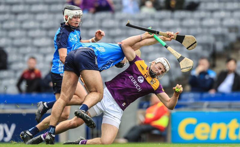 Wexford's Rory O'Connor tangles with Paddy Smyth of Dublin at Croke Park. Photograph: Evan Treacy/Inpho