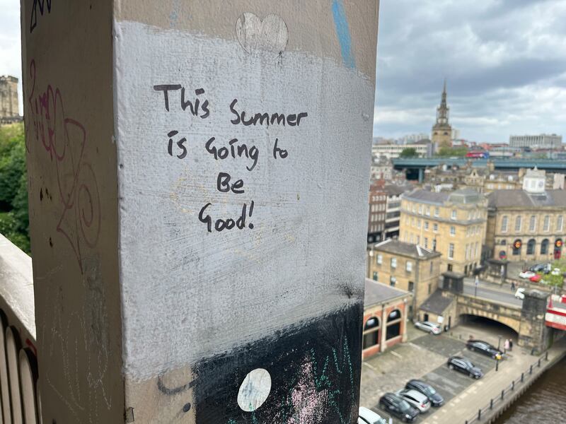 Graffiti on the High Level Bridge over the river Tyne between Newcastle and Gateshead. Photograph: Mark Paul