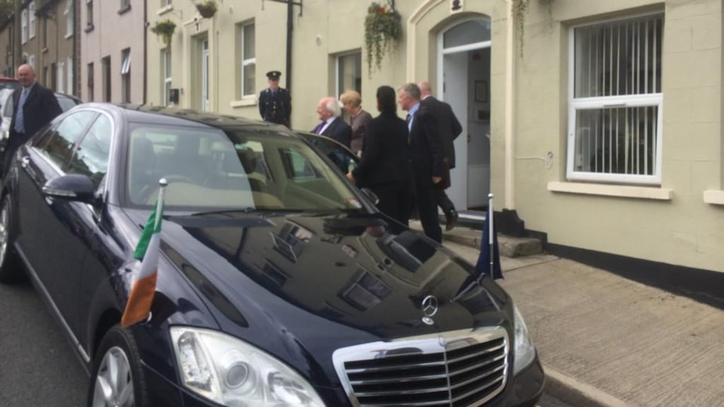 President Higgins and his wife, Sabina Higgins, leaving the new homeless facility in Wicklow Town following its official opening. Photograph: Peter Murtagh