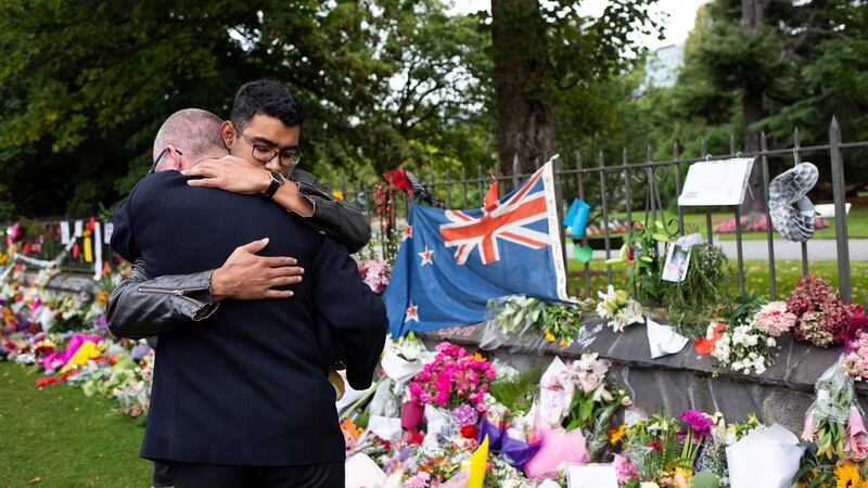 Mourners at a makeshift memorial near Al Noor mosque in Christchurch, New Zealand. Photograph: Cornell Tukiri/The New York Times