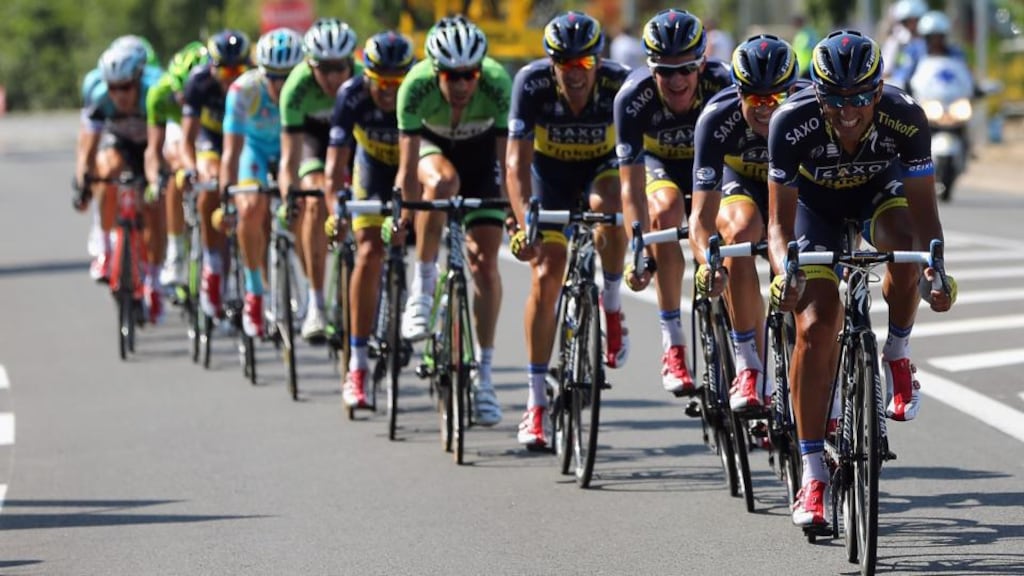 Team Saxo-Tinkoff drives the pace at the head of the group during stage 13 of the Tour de France. Their teamwork was impressive in the day’s final break. Photograph: Bryn Lennon/Getty Images