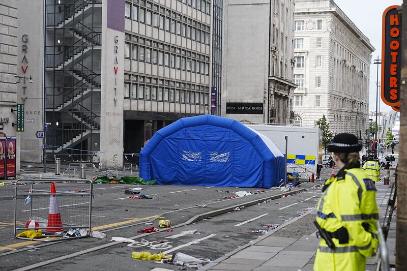 An inflatable field tent at the scene in Water Street near the Liver Building in Liverpool after a 53-year-old white British man was arrested when a car ploughed into a crowd of people during Liverpool FC's Premier League victory parade. Picture date: Tuesday May 27, 2025. PA Photo. See PA story POLICE Liverpool. Photo credit should read: Peter Byrne/PA Wire