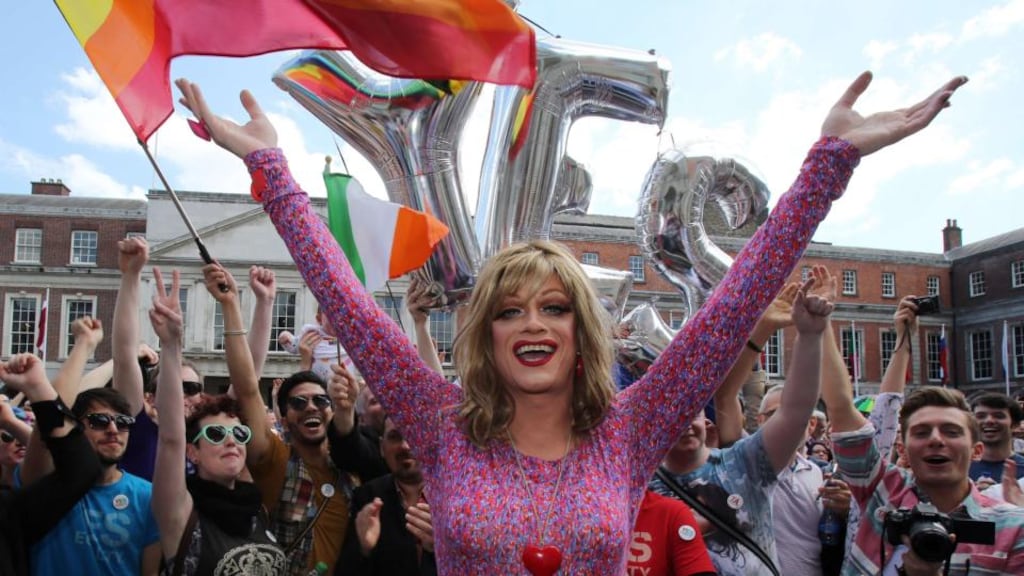 Panti raises her arms with supporters for same-sex marriage at Dublin Castle on Saturday. Photograph: Paul Faith/AFP/Getty Images.