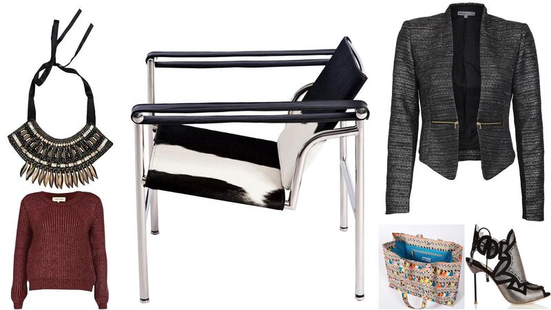 THE GIFT MERCHANT@ MAYFIELD (top left): Tyto necklace, €218, now €92; RIVER ISLAND (bottom left): Metallic cranberry knitted jumper, was €50, now €24; CA DESIGN (middle): Le Corbusier slingback chair, reduced from €495 to €395; BOW & PEARL (top right): Metallic jacket by Soaked in Luxury, was €120, now €60; Bottom right, MOSS COTTAGE: Ursula Celano Irish dancer-print bag, now €12; and NET-A-PORTER: Sophia Webster’s metallic cut-out sandals, down from €610 to €305