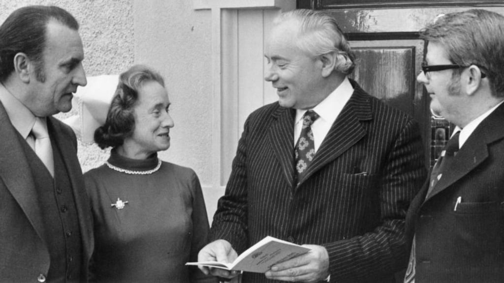 Dick Barry (second from right), then parliamentary secretary (minister of state) to the minister for health, pictured in April 1974 at the annual general meeting of St Ultan’s Hospital in Dublin with JJ Jones, chairman; Anne McEvoy, matron; and Seán Hurley, secretary. Photograph: Paddy Whelan