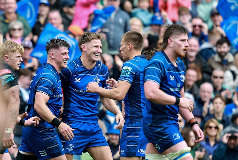 Leinster’s Dan Sheehan celebrates scoring a try with Jordie Barrett and Sam Prendergast at the URC semi-final match between Leinster and Glasgow Warriors at the Aviva Stadium last Saturday. Photograph: Dan Sheridan/Inpho