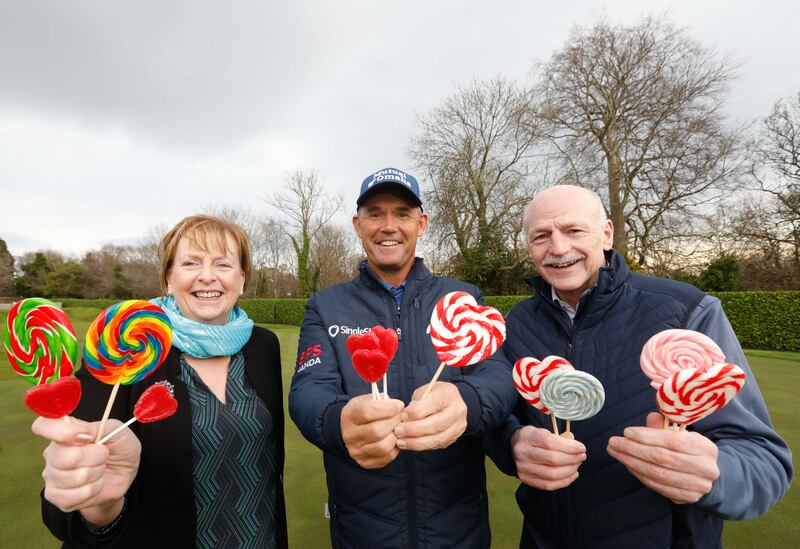 Carmel Doyle, Pádraig Harrington and Gerry Martin, oesophageal cancer survivor. Photograph: Leon Farrell/Photocall Ireland