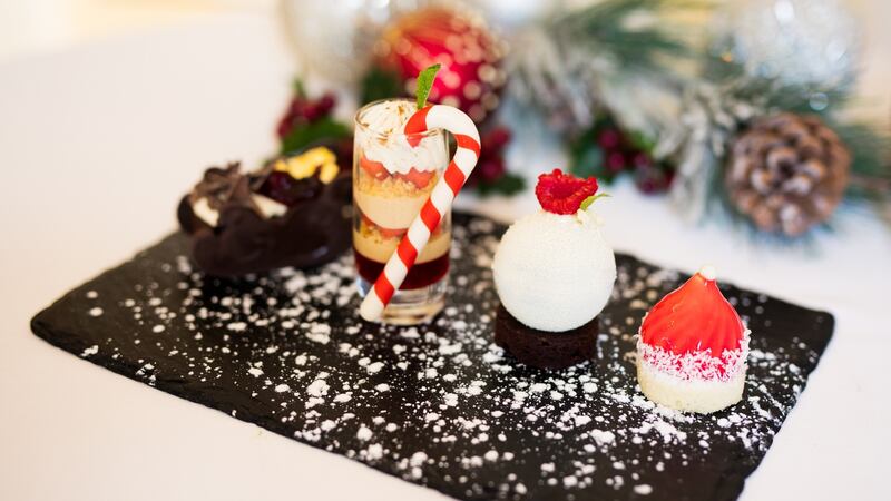 The Shelbourne: Festive treats include cranberry jelly with eggnog mousse, Black Forest gateau, dark chocolate mousse with orange gel and brownies.