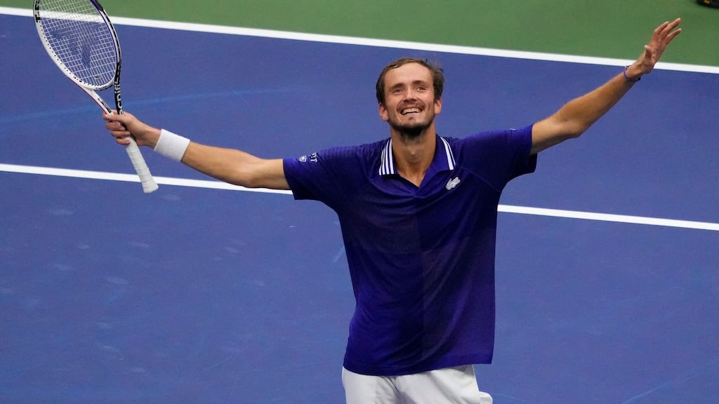 Russia’s Daniil Medvedev celebrates his win over Serbia’s Novak Djokovic in the final of the US Open. Photograph: Timothy A Clary/AFP via Getty Images